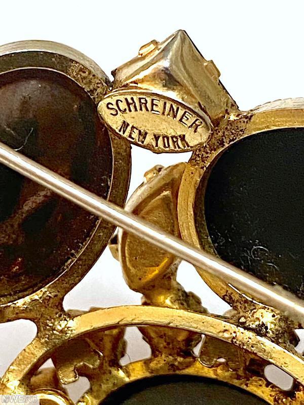 Schreiner domed swirled oval pin 3 large teardrop 3 large oval cab large oval center jet teardrop metalic brown cab smoke navette topaz small cahtton goldtone jewelry