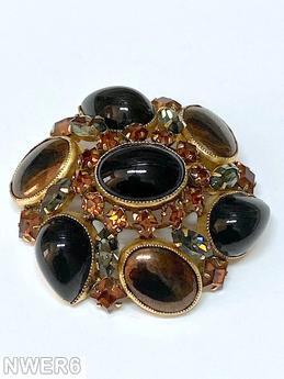 Schreiner domed swirled oval pin 3 large teardrop 3 large oval cab large oval center jet teardrop metalic brown cab smoke navette topaz small cahtton goldtone jewelry