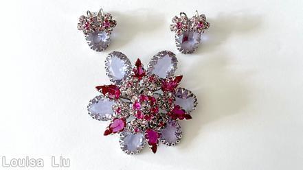 Schreiner double 6 radial pin 6 large oval cab 6 teardrop large clustered ball fuschia large faceted teardrop ice pink small chaton ice purple large faceted oval stone silvertone jewelry