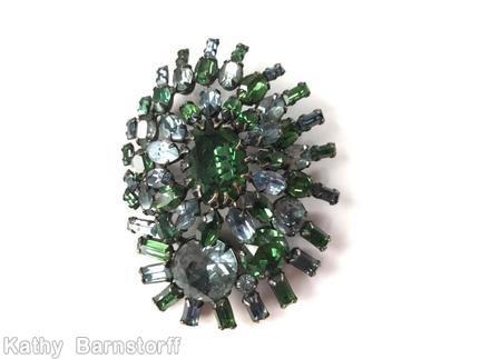 Schreiner eccentric 3 round swirled radial pin 1 large oval cab 1 large chaton 3 rounds surrounding green ice blue crystal jewelry