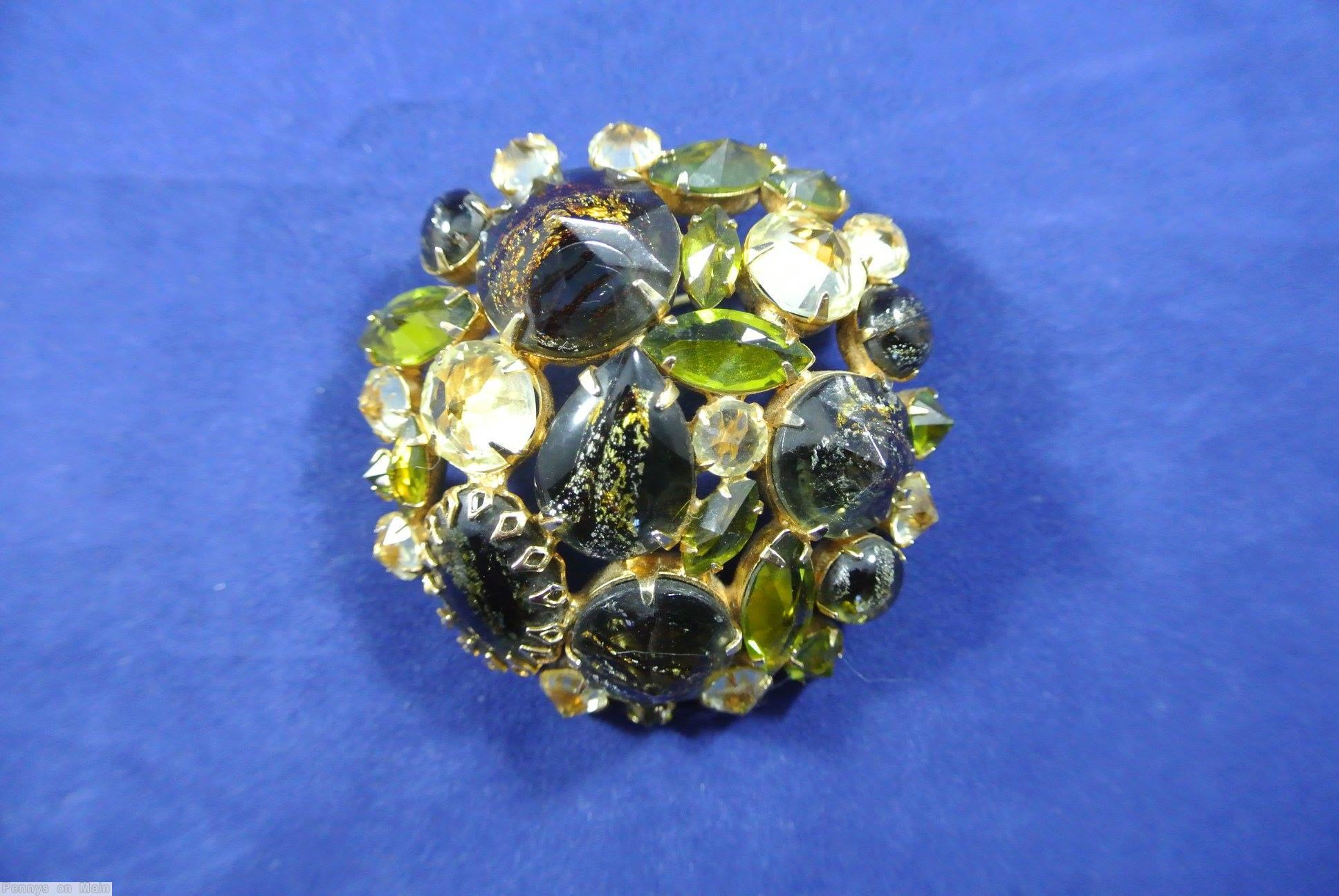 Schreiner end of day domed round pin gold fluss dark green peridot crystal jewelry