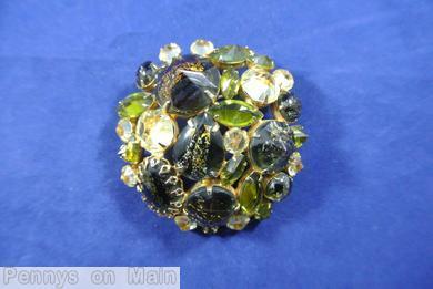 Schreiner end of day domed round pin gold fluss dark green peridot crystal jewelry