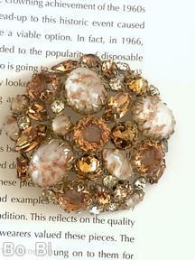 Schreiner end of day domed round pin white venetian large oval cab peach large faceted round stone brown metalic chaton topaz navette crystal small chaton goldtone jewelry