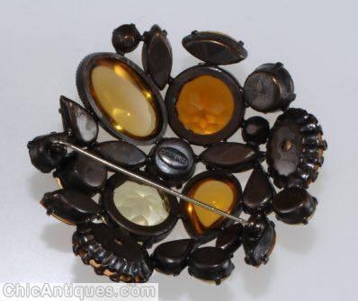 Schreiner end of day domed triangle pin 4 large open back stone amber brown crystal champagne japanned jewelry