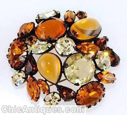 Schreiner end of day domed triangle pin 4 large open back stone amber brown crystal champagne japanned jewelry