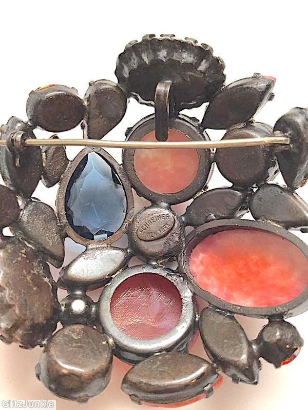 Schreiner end of day domed triangle pin 4 large open back stone carnelian jet coral marbled salmon matrix coral siam red japanned jewelry