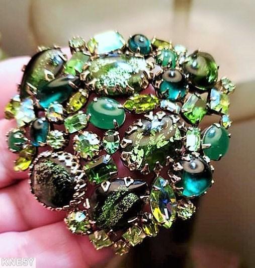 Schreiner end of day domed triangle pin 4 large open back stone fluss dark green emerald peridot green jewelry