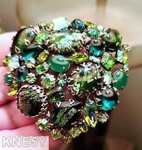 Schreiner end of day domed triangle pin 4 large open back stone fluss dark green emerald peridot green jewelry