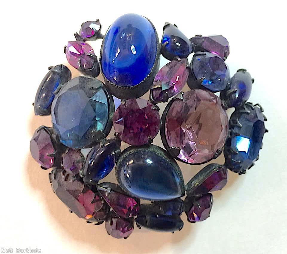 Schreiner end of day domed triangle pin 4 large open back stone lapis blue large oval cab navy purple lavender jewelry