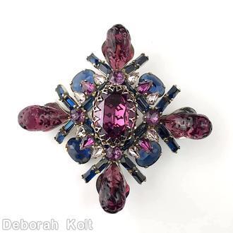 Schreiner fancy cross radial pin 2 by 2 baguette row 4 large art glass large oval cab center 4 oval cab 12 small teardrop lavender art glass purpla large oval center peach navy oval cab navy small baguette silvertone jewelry