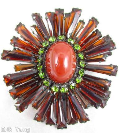 Schreiner giant ruffle keystone large oval center amber carnelian green jewelry