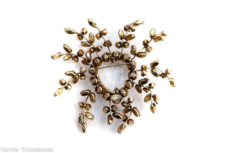 Schreiner heart shaped center stone 11 branch sprawling pin crystal heart shaped faceted stone amber crystal jewelry