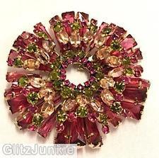 Schreiner hexagon keystone ruffle pin 2 level radial hook eye pink fuchsia peach peridot jewelry