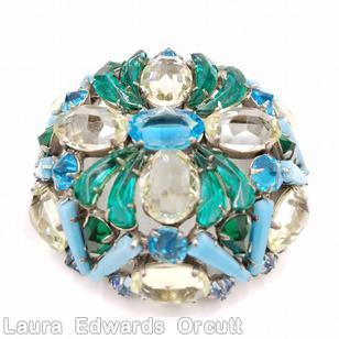 Schreiner hexagonal domed radial concave flat top pin small chaton center 6 surrounding navette 6 round stone on side wall aqua comma stone baby blue crystal jewelry