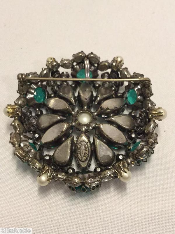 Schreiner hexagonal domed radial concave flat top pin small chaton center 6 surrounding navette 6 round stone on side wall emerald faux pearl crystal jewelry