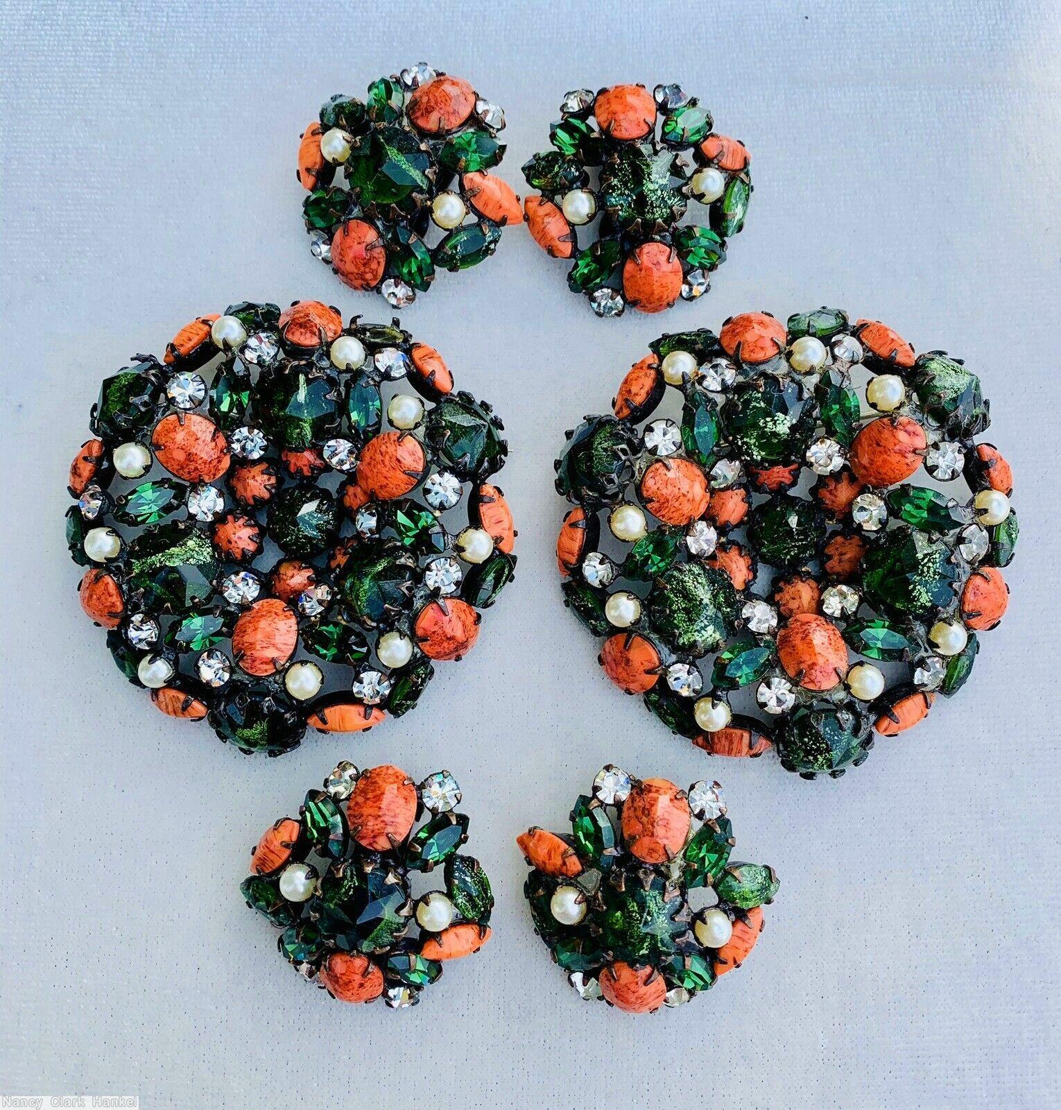 Schreiner hexagonal domed radial concave flat top pin small chaton center 6 surrounding navette 6 round stone on side wall gold fluss dark green matrix coral crystal moonglow white japanned jewelry