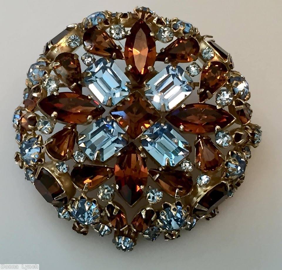Schreiner hexagonal domed radial concave flat top pin small chaton center 6 surrounding navette 6 round stone on side wall ice blue amber jewelry