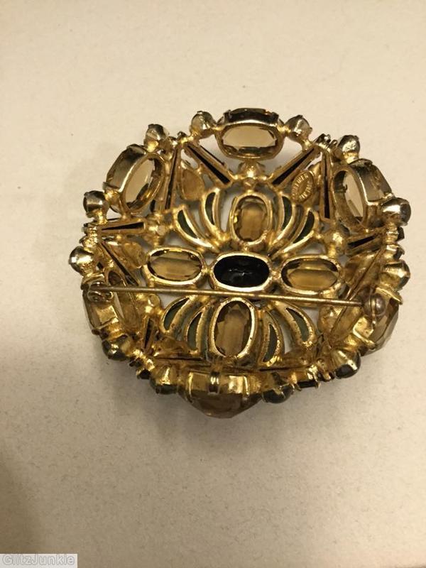 Schreiner hexagonal domed radial concave flat top pin small chaton center 6 surrounding navette 6 round stone on side wall smoke comma stone jet clear brown jewelry