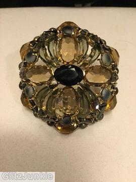 Schreiner hexagonal domed radial concave flat top pin small chaton center 6 surrounding navette 6 round stone on side wall smoke comma stone jet clear brown jewelry