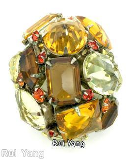 Schreiner high domed fist pin 12 baguette amber topza champagne coral silvertone jewelry