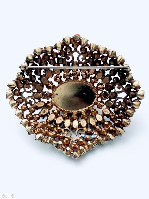 Schreiner high domed radial diamond shaped pin large oval cab center filigree 5 rounds scrollwork apple green moonglow small chaton coral small chaton white moonglow oval stone marbled coral large oval cab center goldtone jewelry