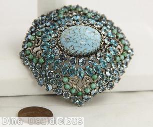 Schreiner high domed radial diamond shaped pin large oval cab center filigree 5 rounds scrollwork turquoise ice blue aqua moonglow green silvertone jewelry