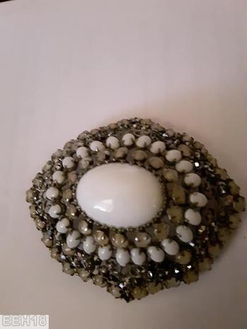 Schreiner high domed radial diamond shaped pin large oval cab center filigree 5 rounds scrollwork white moonglow ivory smoke jewelry