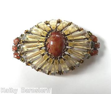 Schreiner high domed radial eye shaped ruffle pin keystone large oval center marbled carnelian large oval cab center clear champgne keystone carnelian faceted oval stone goldtone jewelry