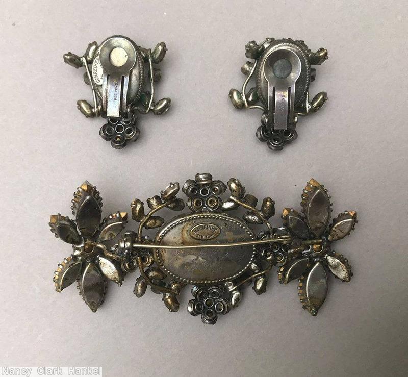 Schreiner horizontal 2 flower end large oval center pin 2 clustered flower 4 branch 3 dangling barroque pearl on each end crystal marbled emerald jewelry
