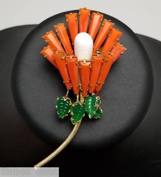 Schreiner keystone tulip pin long stem 4 leaf large bead center coral keystone white bubble green carved leaf jewelry