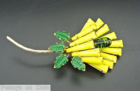 Schreiner keystone tulip pin long stem 4 leaf large bead center lime keystone black marbled clear green bubble green carved leaf jewelry