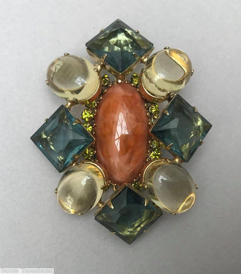 Schreiner large 4 oval cab 4 square stone pin large oval center clear champagne smoky green marbled carnelian peridot jewelry