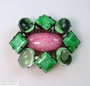 Schreiner large 4 oval cab 4 square stone pin large oval center marbled peking glass marbled pink clear green jewelry