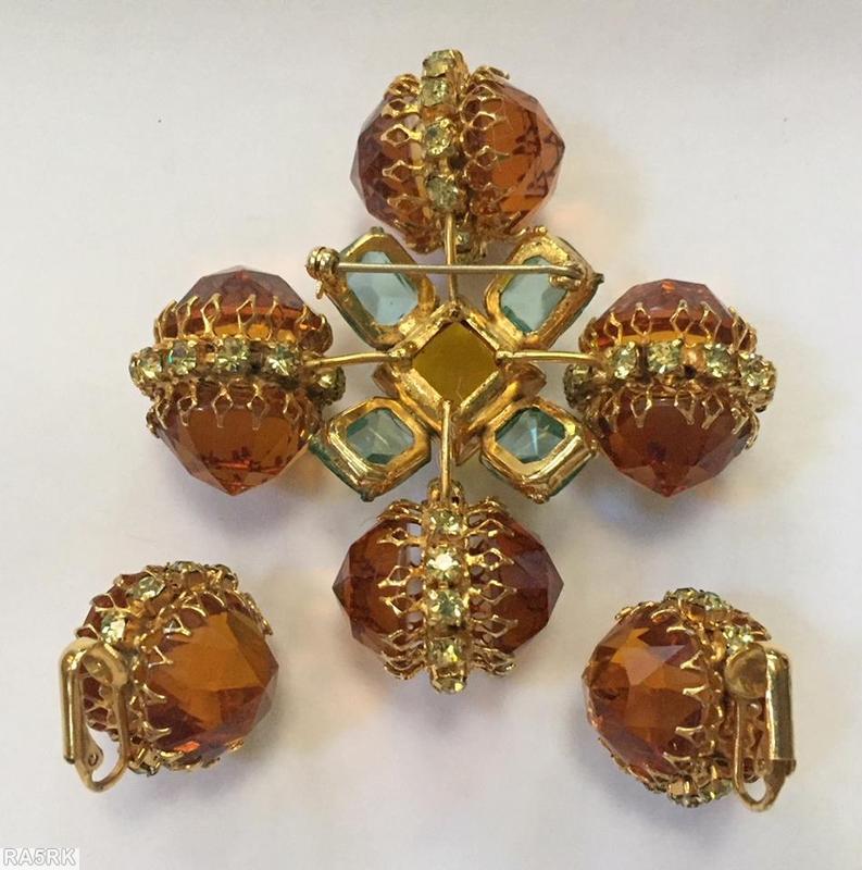 Schreiner large back to back pointy faceted stone cross pin raised faceted square center 4 large faceted teardrop large faceted round cab clear amber clear aqua clear champagne jewelry