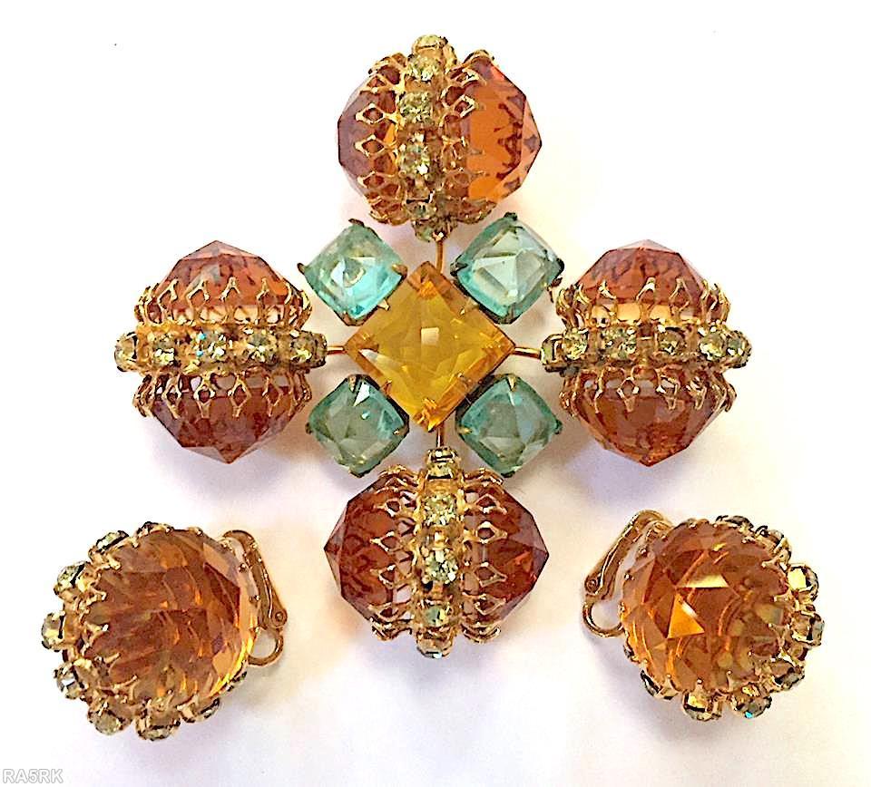 Schreiner large back to back pointy faceted stone cross pin raised faceted square center 4 large faceted teardrop large faceted round cab clear amber clear aqua clear champagne jewelry