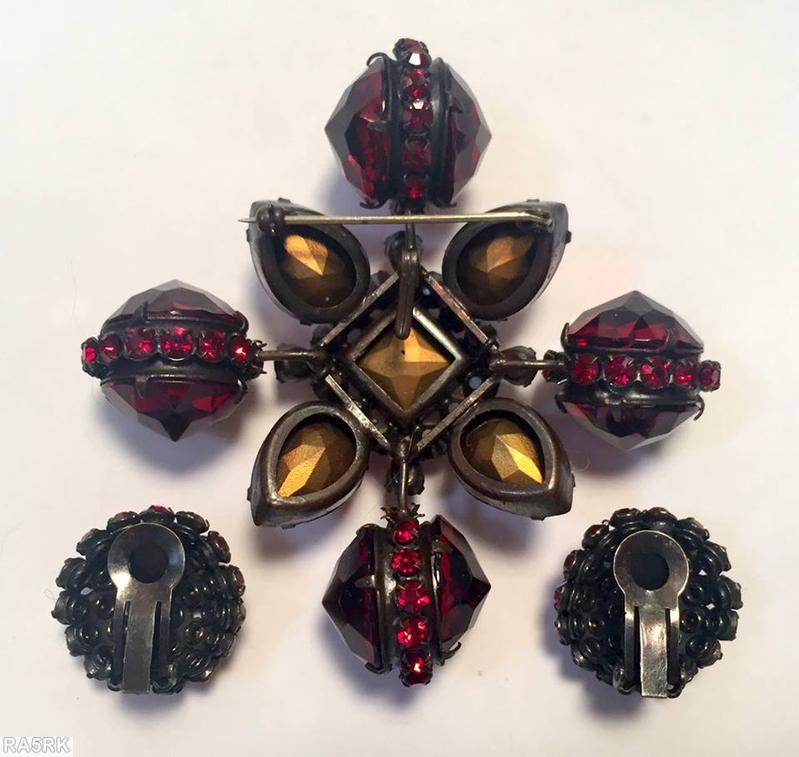 Schreiner large back to back pointy faceted stone cross pin raised faceted square center 4 large faceted teardrop ruby japanned jewelry