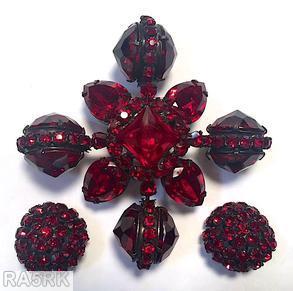 Schreiner large back to back pointy faceted stone cross pin raised faceted square center 4 large faceted teardrop ruby japanned jewelry