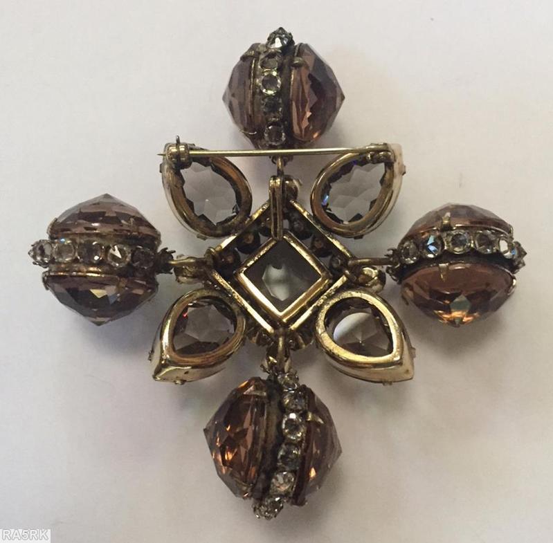Schreiner large back to back pointy faceted stone cross pin raised faceted square center 4 large faceted teardrop smoke smoky peach jewelry