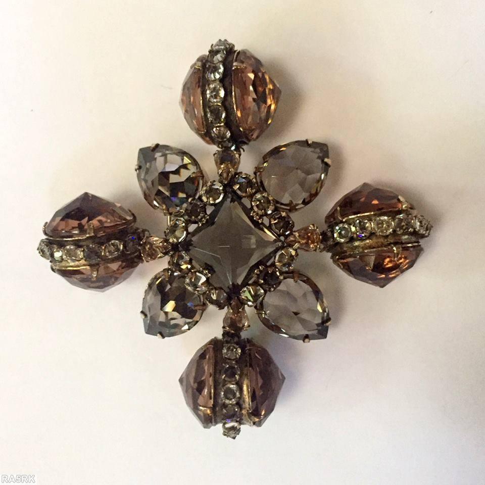 Schreiner large back to back pointy faceted stone cross pin raised faceted square center 4 large faceted teardrop smoke smoky peach jewelry