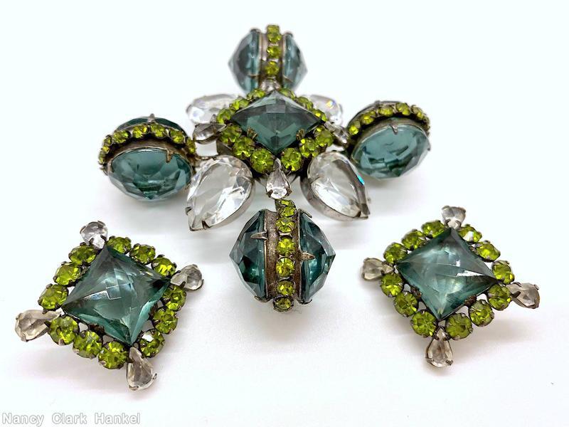 Schreiner large back to back pointy faceted stone cross pin raised faceted square center 4 large faceted teardrop smoky green large pointed faceted stone olivine small inverted stone large crystal faceted teardrop jewelry