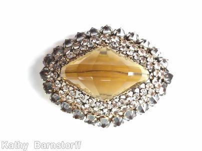 Schreiner large diamond center stone filigree domed diamond shaped pin 3 rounds large faceted diamond shaped clear brown inverted smoke inverted crystal jewelry