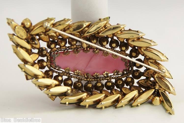 Schreiner large elongated hexagon stone center leaf shaped pin 3 rounds fuchsia peridot marbled pink crystal jewelry