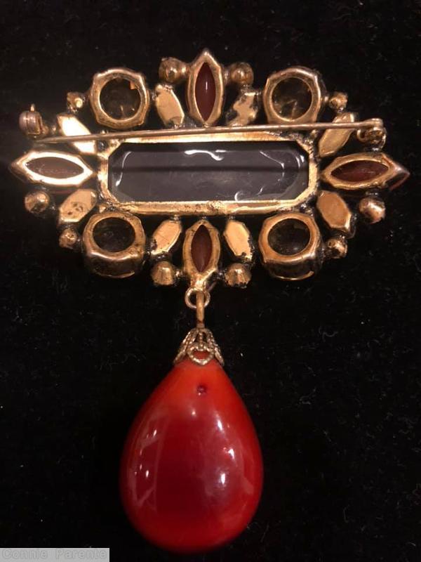 Schreiner large elongated rectangle stone top down 1 dangle pin large teardrop dangle 4 chaton corner navette surrounding coral red clear peach jet *missing stone jewelry