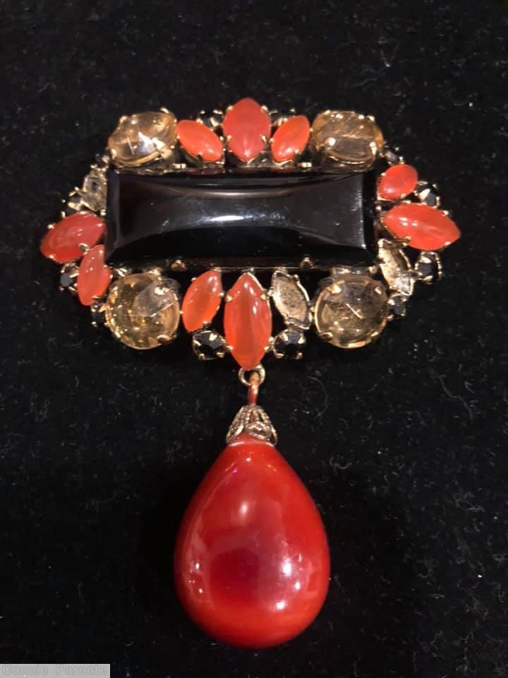 Schreiner large elongated rectangle stone top down 1 dangle pin large teardrop dangle 4 chaton corner navette surrounding coral red clear peach jet *missing stone jewelry