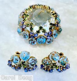 Schreiner large faceted open back center domed round pin 8 waves of seeds 16 oval stone side crystal aqua venetian chaton purple moonglow small chaton peridot small chaton goldtone jewelry