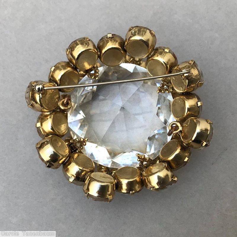 Schreiner large faceted open back center domed round pin 8 waves of seeds 16 oval stone side crystal moonglow white speckled white pointy jewelry