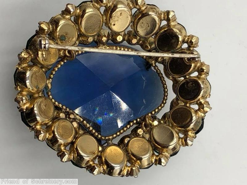 Schreiner large faceted open back stone domed fan shaped pin 3 rounds 16 oval cab side clear navy faceted inverted emerald crystal jewelry