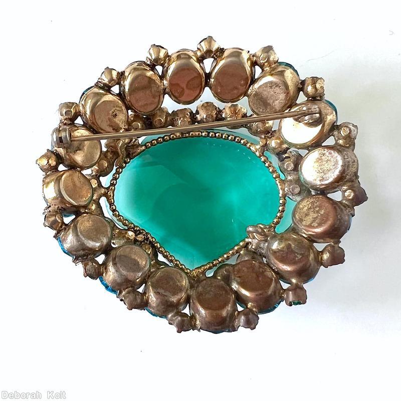 Schreiner large faceted open back stone domed fan shaped pin 3 rounds 16 oval cab side clear navy faceted inverted emerald crystal jewelry