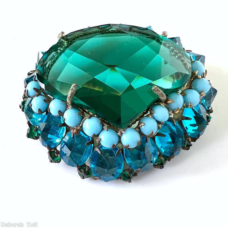 Schreiner large faceted open back stone domed fan shaped pin 3 rounds 16 oval cab side clear navy faceted inverted emerald crystal jewelry