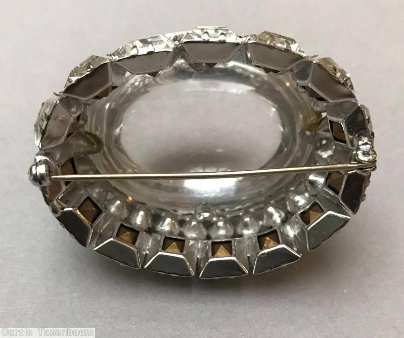 Schreiner large highly domed oval shaped jelly belly pin large half egg shaped jelly belly center 15 small square stone at side crystal metalic silver ice blue jewelry